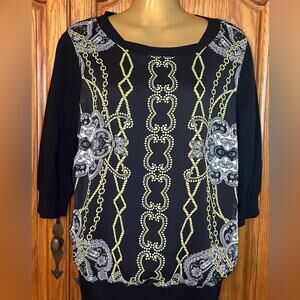 Jennifer Lopez Status Print Sweater with Chiffon overlay. Size Large.